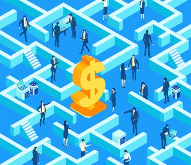 Altın Dolar, Bankacılık, küresel işletme, veri analizi ve finansal hizmetlerin izometrik illüstrasyonu etrafında labirentte çalışan işadamları