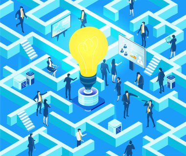 Labirentte ampul, bankacılık, küresel işletme, veri analizi ve finansal hizmetler izometrik illüstrasyon etrafında çalışan iş adamları