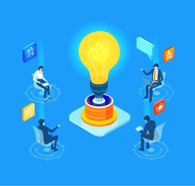 Parlayan bir ampulün etrafında çalışan iş insanlarının, yaratıcılığı, yeniliği, beyin fırtınasını, takım çalışmasını ve modern bir şirket ortamında yeni fikirlerin gelişimini sembolize eden farklı bir tasviri..