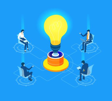 Parlayan bir ampulün etrafında çalışan iş insanlarının, yaratıcılığı, yeniliği, beyin fırtınasını, takım çalışmasını ve modern bir şirket ortamında yeni fikirlerin gelişimini sembolize eden farklı bir tasviri..