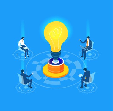 Parlayan bir ampulün etrafında çalışan iş insanlarının, yaratıcılığı, yeniliği, beyin fırtınasını, takım çalışmasını ve modern bir şirket ortamında yeni fikirlerin gelişimini sembolize eden farklı bir tasviri..