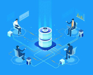 Veri merkezinde, büyük sunucu odasında çalışanlar. Isome illüstrasyon. Büyük Veri, İnternet koruması, güvenlik, yatırım, bankacılık, bilgi resimlerini destekleme.