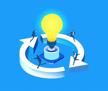 Parlayan bir ampulün etrafında çalışan iş insanlarının, yaratıcılığı, yeniliği, beyin fırtınasını, takım çalışmasını ve modern bir şirket ortamında yeni fikirlerin gelişimini sembolize eden farklı bir tasviri..