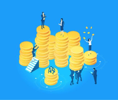 Isometric illüstrasyon ile soyut bir ortamda çalışan bir sürü iş adamı ile altın sikkeler etrafında. İşbirliği, bankacılık, danışmanlık, yatırım sektöründe birlikte çalışma, yatıştırıcı kazanç