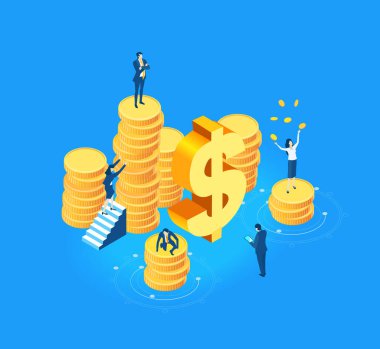 Isometric illüstrasyon ile soyut bir ortamda çalışan bir sürü iş adamı ile altın sikkeler etrafında. İşbirliği, bankacılık, danışmanlık, yatırım sektöründe birlikte çalışma, yatıştırıcı kazanç