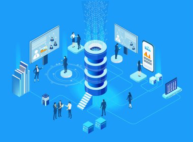 Veri merkezinde, büyük sunucu odasında çalışanlar. Isome illüstrasyon. Büyük Veri, İnternet koruması, güvenlik, yatırım, bankacılık, bilgi resimlerini destekleme.