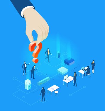 İş adamları, profesyoneller büyük soru işareti etrafında çalışıyor. Sorunları çözmek, çözümler bulmak, başarılar için çarpışmak ve çalışmak. İzometrik illüstrasyon