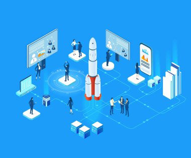 Isometric iş ortamı bilgileri. İş adamları büyük roket, uzay teknolojisi, uzay endüstrisi etrafında birlikte çalışıyorlar.