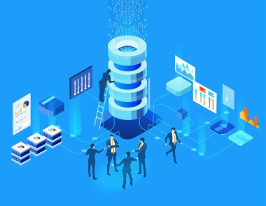 Veri merkezinde, büyük sunucu odasında çalışanlar. Isome illüstrasyon. Büyük Veri, İnternet koruması, güvenlik, yatırım, bankacılık, bilgi resimlerini destekleme.