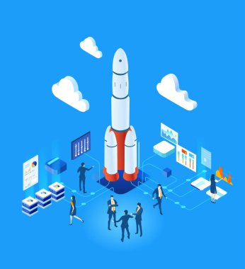 Isometric iş ortamı bilgileri. İş adamları büyük roket, uzay teknolojisi, uzay endüstrisi etrafında birlikte çalışıyorlar.