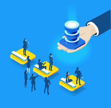 Veri merkezinde, büyük sunucu odasında çalışanlar. Isome illüstrasyon. Büyük Veri, İnternet koruması, güvenlik, yatırım, bankacılık, bilgi resimlerini destekleme.