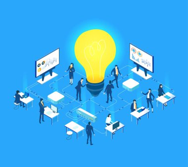 Parlayan bir ampulün etrafında çalışan iş insanlarının, yaratıcılığı, yeniliği, beyin fırtınasını, takım çalışmasını ve modern bir şirket ortamında yeni fikirlerin gelişimini sembolize eden farklı bir tasviri..