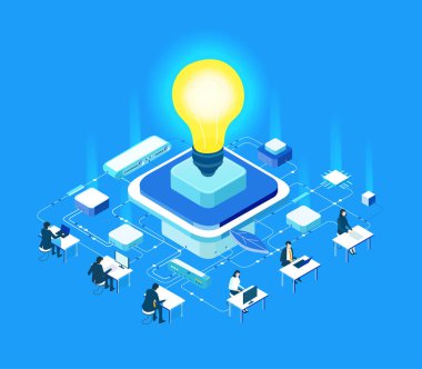 Küresel sunucular ve iş adamlarının çalıştığı ve girdiği yapay zeka geliştirme verileri, dijital dönüşüm, bulut hesaplama, veri yönetimi, otomasyon ve modern teknoloji güdümlü iş operasyonları illüstrasyonu .