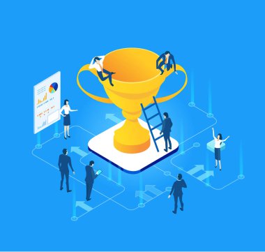 İş adamları ve altın kupa başarının sembolü. İzometrik illüstrasyon