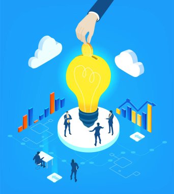 Parlayan bir ampulün etrafında çalışan iş insanlarının, yaratıcılığı, yeniliği, beyin fırtınasını, takım çalışmasını ve modern bir şirket ortamında yeni fikirlerin gelişimini sembolize eden farklı bir tasviri..