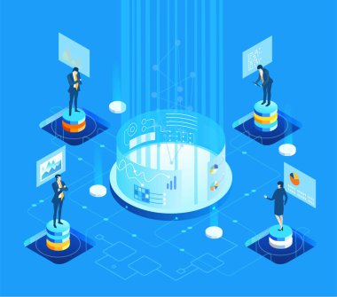 Küresel sunucular ve iş adamlarının çalıştığı ve girdiği yapay zeka geliştirme verileri, dijital dönüşüm, bulut hesaplama, veri yönetimi, otomasyon ve modern teknoloji güdümlü iş operasyonları illüstrasyonu .