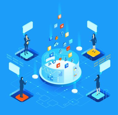 Yenilik, teknoloji, programlama, işbirliği, dijital ürün oluşturma ve modern yazılım geliştirme süreçlerini temsil eden mobil bir uygulama geliştiren profesyonellerden oluşan bir ekip.