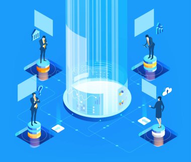 Küresel sunucular ve iş adamlarının çalıştığı ve girdiği yapay zeka geliştirme verileri, dijital dönüşüm, bulut hesaplama, veri yönetimi, otomasyon ve modern teknoloji güdümlü iş operasyonları illüstrasyonu .