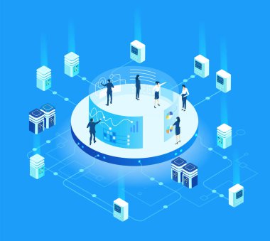 Yenilik, teknoloji, programlama, işbirliği, dijital ürün oluşturma ve modern yazılım geliştirme süreçlerini temsil eden mobil bir uygulama geliştiren profesyonellerden oluşan bir ekip.