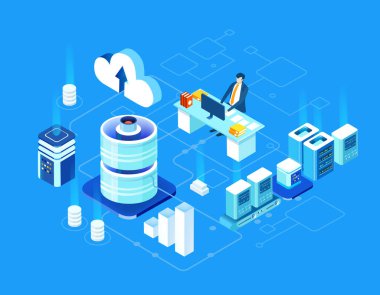 Küresel sunucular ve iş adamlarının çalıştığı ve girdiği yapay zeka geliştirme verileri, dijital dönüşüm, bulut hesaplama, veri yönetimi, otomasyon ve modern teknoloji güdümlü iş operasyonları illüstrasyonu .