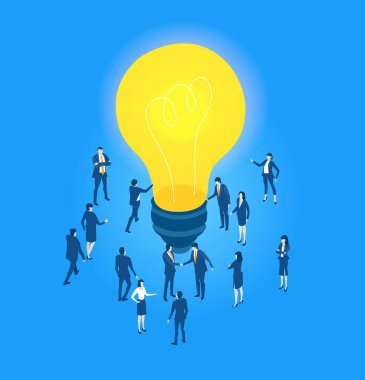 Parlayan bir ampulün etrafında çalışan iş insanlarının, yaratıcılığı, yeniliği, beyin fırtınasını, takım çalışmasını ve modern bir şirket ortamında yeni fikirlerin gelişimini sembolize eden farklı bir tasviri..
