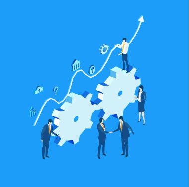 Birçok iş adamı, büyük dişli dişlilerin yanında soyut izometrik bir çevrede çalışıyor. İzolasyon çalışmaları eşdeğer, başarılı iş ekibi, başlangıç, yardım ve destek fikri