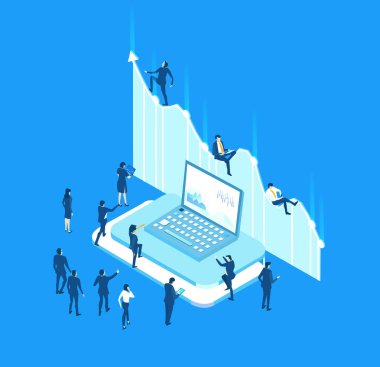 Bir sürü iş adamının büyük bir dizüstü bilgisayarın etrafında soyut bir ortamda çırpındığı itici bir çizim. İşbirliği, veri, finansal hizmetler, bilgi analizi, kârı hesaplama.