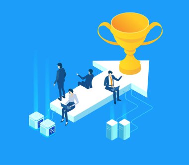 İş hayatında başarı. Altın Kupa etrafında birlikte çalışan iş adamları. Takım çalışması, kurumsal iletişim, dünya çapında işbirliği ve modern girişim geliştirme.