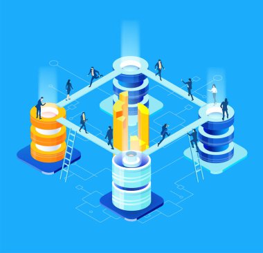 Küresel sunucular ve iş adamlarının çalıştığı ve girdiği yapay zeka geliştirme verileri, dijital dönüşüm, bulut hesaplama, veri yönetimi, otomasyon ve modern teknoloji güdümlü iş operasyonları illüstrasyonu .