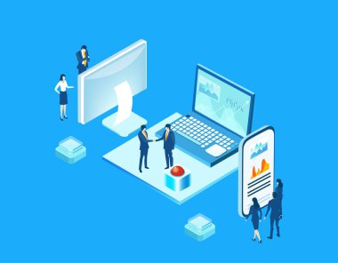 Bir sürü iş adamının büyük bir dizüstü bilgisayarın etrafında soyut bir ortamda çırpındığı itici bir çizim. İşbirliği, veri, finansal hizmetler, bilgi analizi, kârı hesaplama.