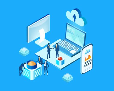 Yenilik, teknoloji, programlama, işbirliği, dijital ürün oluşturma ve modern yazılım geliştirme süreçlerini temsil eden mobil bir uygulama geliştiren profesyonellerden oluşan bir ekip.