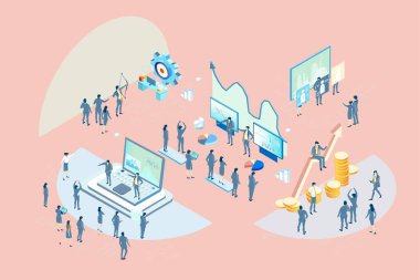 Bir sürü iş adamının büyük bir dizüstü bilgisayarın etrafında soyut bir ortamda çırpındığı itici bir çizim. İşbirliği, veri, finansal hizmetler, bilgi analizi, kârı hesaplama.