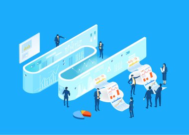 Küresel sunucular ve iş adamlarının çalıştığı ve girdiği yapay zeka geliştirme verileri, dijital dönüşüm, bulut hesaplama, veri yönetimi, otomasyon ve modern teknoloji güdümlü iş operasyonları illüstrasyonu .