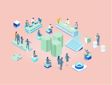 İş adamları, soyut ofis ortamında çalışan profesyoneller, finans, danışmanlık, teknoloji şirketi, Isome illüstrasyonunu kurma başarısı