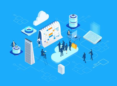 İş adamları, soyut ofis ortamında çalışan profesyoneller, finans, danışmanlık, teknoloji şirketi, Isome illüstrasyonunu kurma başarısı