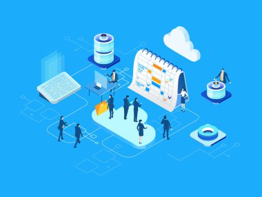 İş adamları, soyut ofis ortamında çalışan profesyoneller, finans, danışmanlık, teknoloji şirketi, Isome illüstrasyonunu kurma başarısı