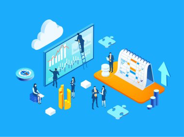 İş adamları, soyut ofis ortamında çalışan profesyoneller, finans, danışmanlık, teknoloji şirketi, Isome illüstrasyonunu kurma başarısı