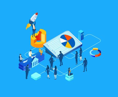 İş adamları, soyut ofis ortamında çalışan profesyoneller, finans, danışmanlık, teknoloji şirketi, Isome illüstrasyonunu kurma başarısı