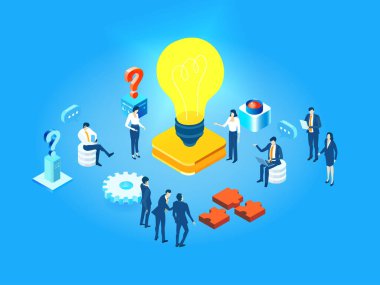 Parlayan bir ampulün etrafında çalışan iş insanlarının, yaratıcılığı, yeniliği, beyin fırtınasını, takım çalışmasını ve modern bir şirket ortamında yeni fikirlerin gelişimini sembolize eden farklı bir tasviri..