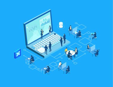 Bir sürü iş adamının büyük bir dizüstü bilgisayarın etrafında soyut bir ortamda çırpındığı itici bir çizim. İşbirliği, veri, finansal hizmetler, bilgi analizi, kârı hesaplama.