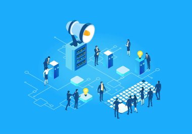 Megafonun etrafında çalışan iş adamları, hoparlörler. Kontrol sembolü, merkez, takım çalışması, büyük iş kırığı