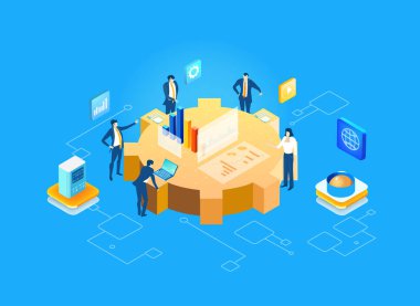 İş adamları, soyut ofis ortamında çalışan profesyoneller, finans, danışmanlık, teknoloji şirketi, Isome illüstrasyonunu kurma başarısı