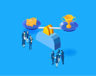 Denge ölçeğinde duran iş adamları para ve yapay zekaya karşı ağırlıklarını koyarak, modern ekonomide insan işgücü, mali güç, otomasyon ve teknolojik dönüşüm arasındaki gerilimi sembolize ediyorlar. Isometric