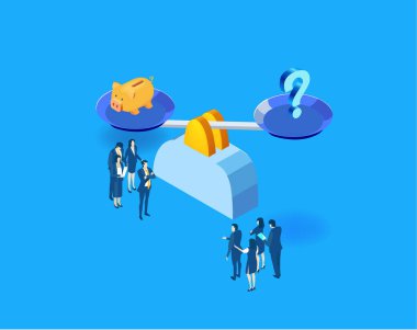 Denge ölçeğinde duran iş adamları para ve yapay zekaya karşı ağırlıklarını koyarak, modern ekonomide insan işgücü, mali güç, otomasyon ve teknolojik dönüşüm arasındaki gerilimi sembolize ediyorlar. Isometric