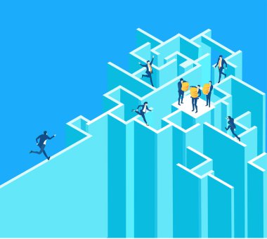 Labirent, bankacılık, küresel işletme, veri analizi ve finansal hizmetler izometrik illüstrasyonunda çalışan işadamları