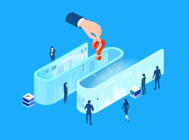 İş adamları ve soru işareti. Problem kavramı izometrik illüstrasyon çözülüyor