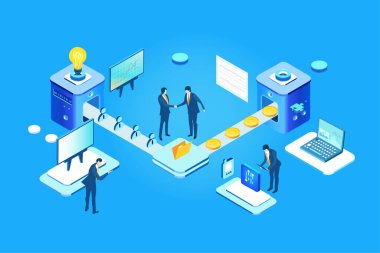 Taşıma bandı üzerinde çalışan iş adamları para üretiyor. İzometrik illüstrasyon