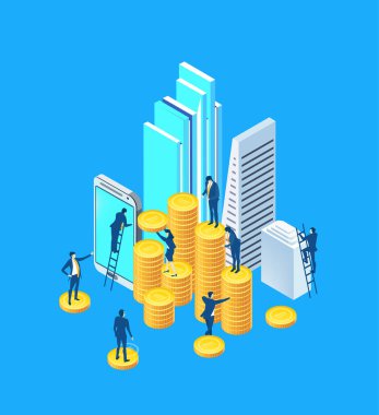 Altın sikkeler etrafında çalışan insanların Isometric Illustrated bankacılık, finansal ve danışmanlık sektörünü sembolize ediyor. Gelecekteki büyüme ve istikrar için tasarruf, yatırım, mali planlama, takım çalışması, bütçe yönetimi ve para yönetimi.