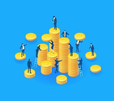 Altın sikkeler etrafında çalışan insanların Isometric Illustrated bankacılık, finansal ve danışmanlık sektörünü sembolize ediyor. Gelecekteki büyüme ve istikrar için tasarruf, yatırım, mali planlama, takım çalışması, bütçe yönetimi ve para yönetimi.