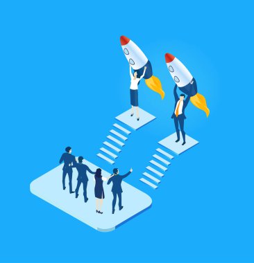 Kazanan takım, roketli iş adamları, ilerleme, büyüme ve başarı gösteren grafikler. İzometrik illüstrasyon